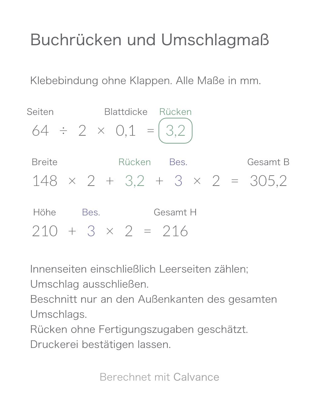 Vorlage für Buchrücken und Umschlagmaße: 64 Seiten · Rücken 3,2 mm · Umschlag 305,2 × 216 mm. Mit den Beispielwerten aus Calvance exportiert. Nach dem Import kannst du die Zahlen ändern.