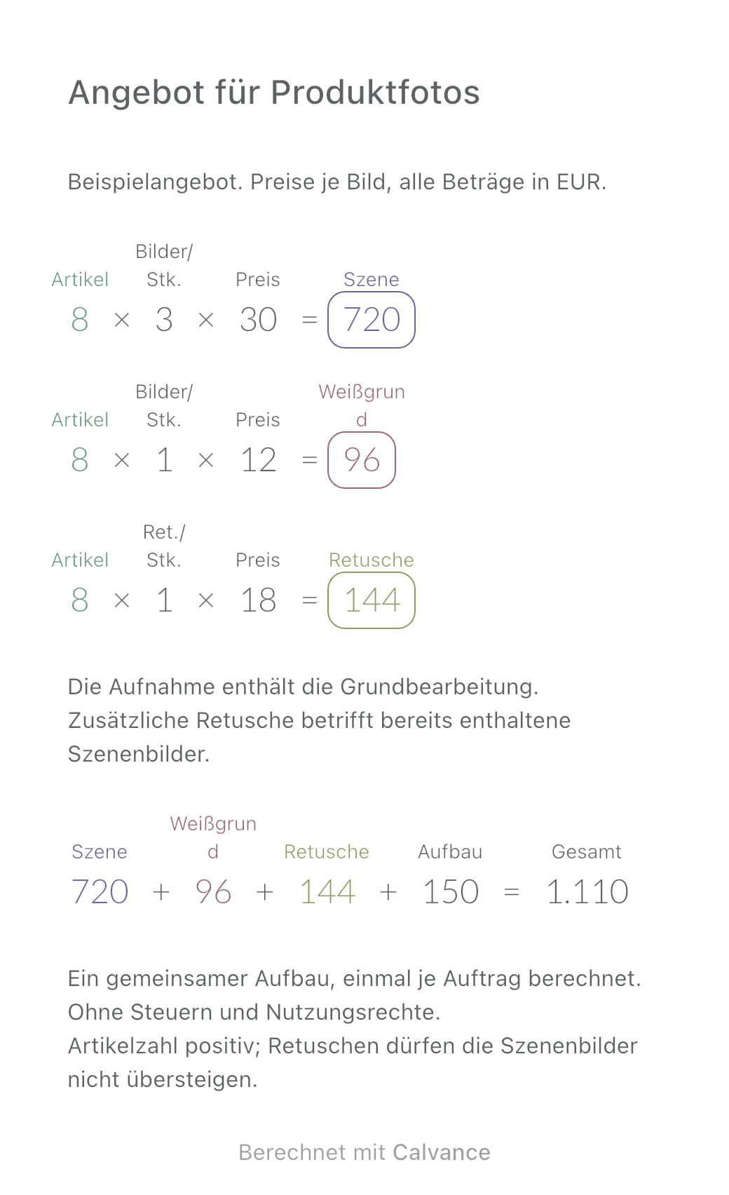 Angebotsvorlage für Produktfotografie: 8 Produkte · Insgesamt 1.110 €. Mit den Beispielwerten aus Calvance exportiert. Nach dem Import kannst du die Zahlen ändern.