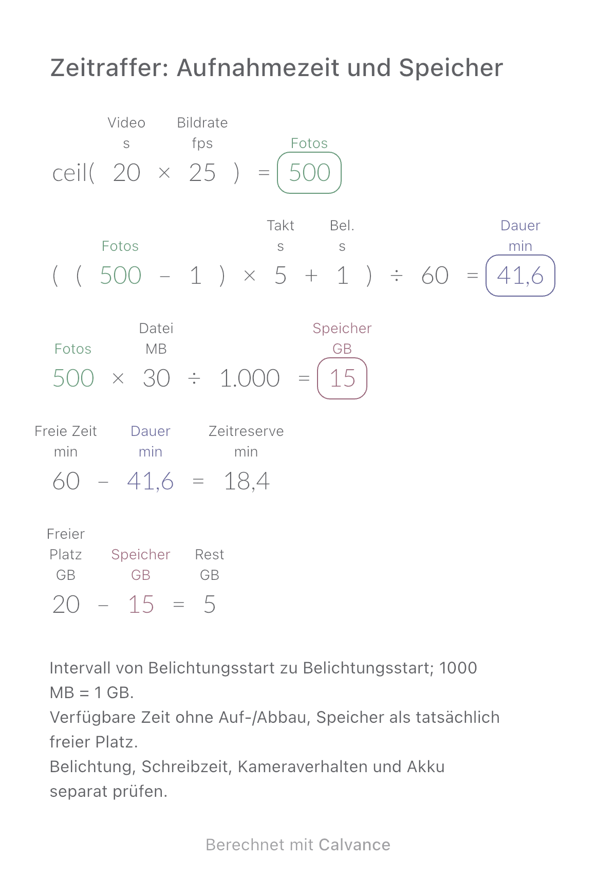 Zeitraffer: Aufnahmezeit und Speicher · Rest: 5 GB