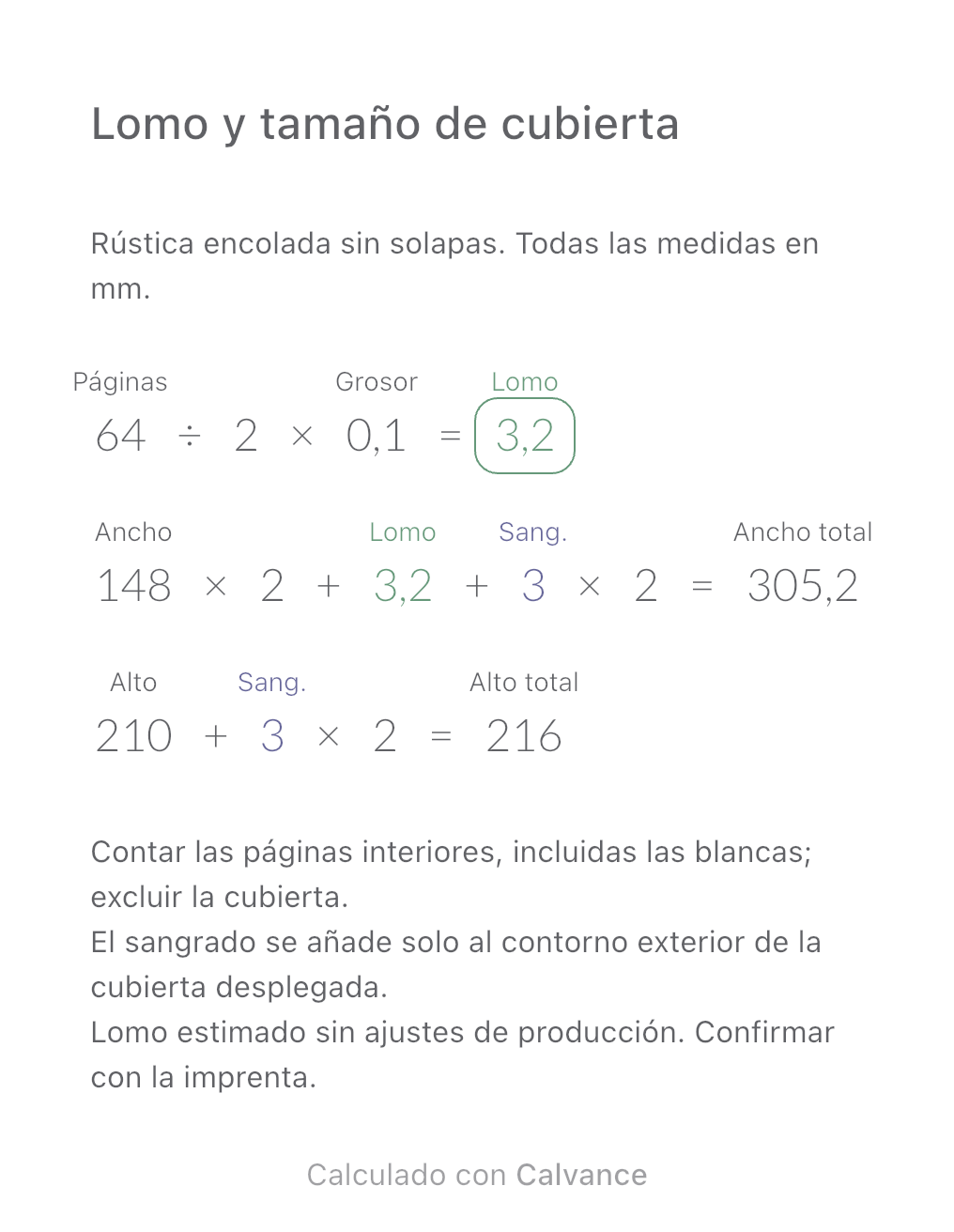 Plantilla de lomo y dimensiones de cubierta: 64 páginas · lomo 3,2 mm · cubierta 305,2 × 216 mm. Exportado desde Calvance con los valores del ejemplo. Puedes cambiarlos después de importar.