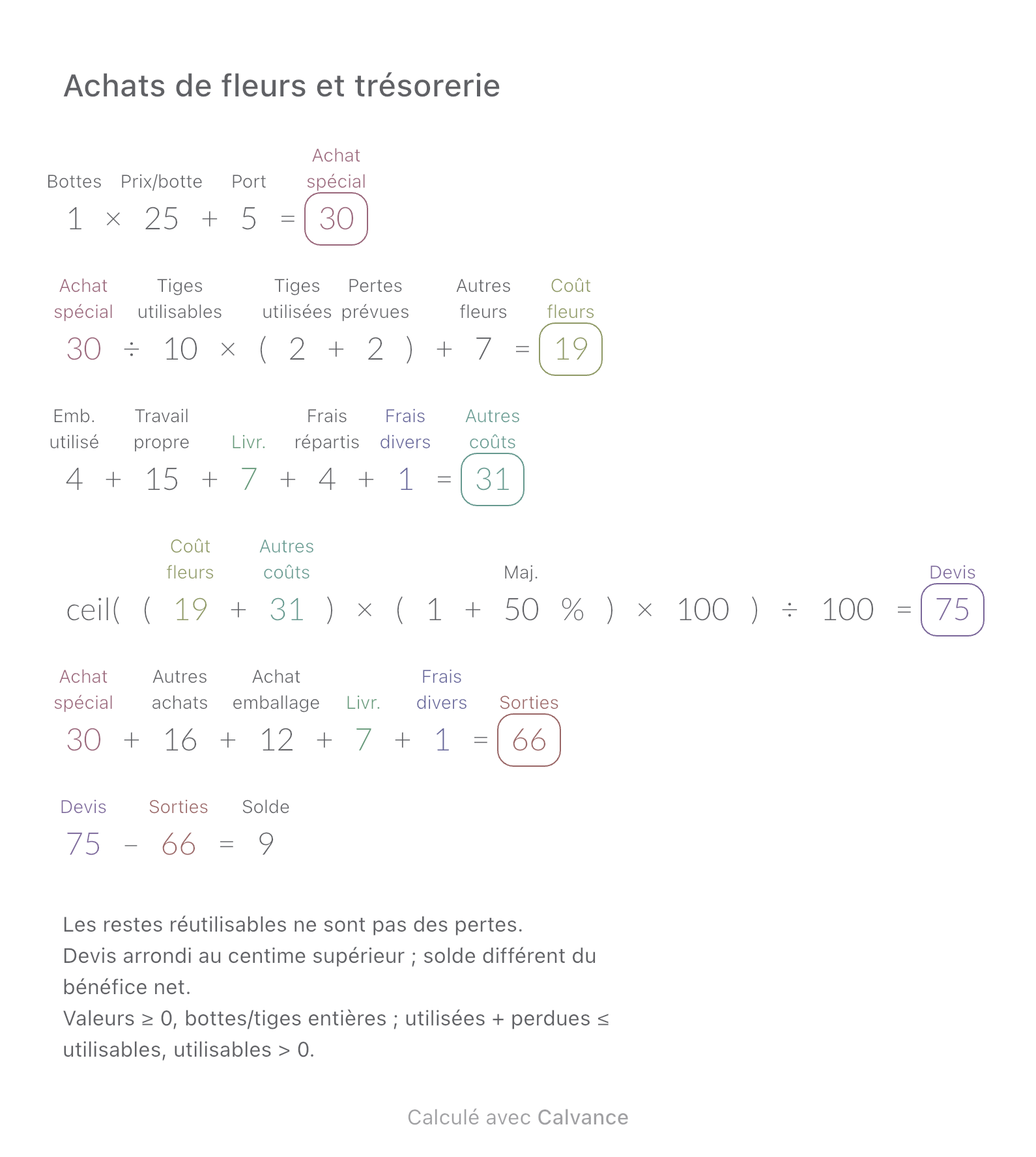 Achats de fleurs et trésorerie · Solde: 9 EUR