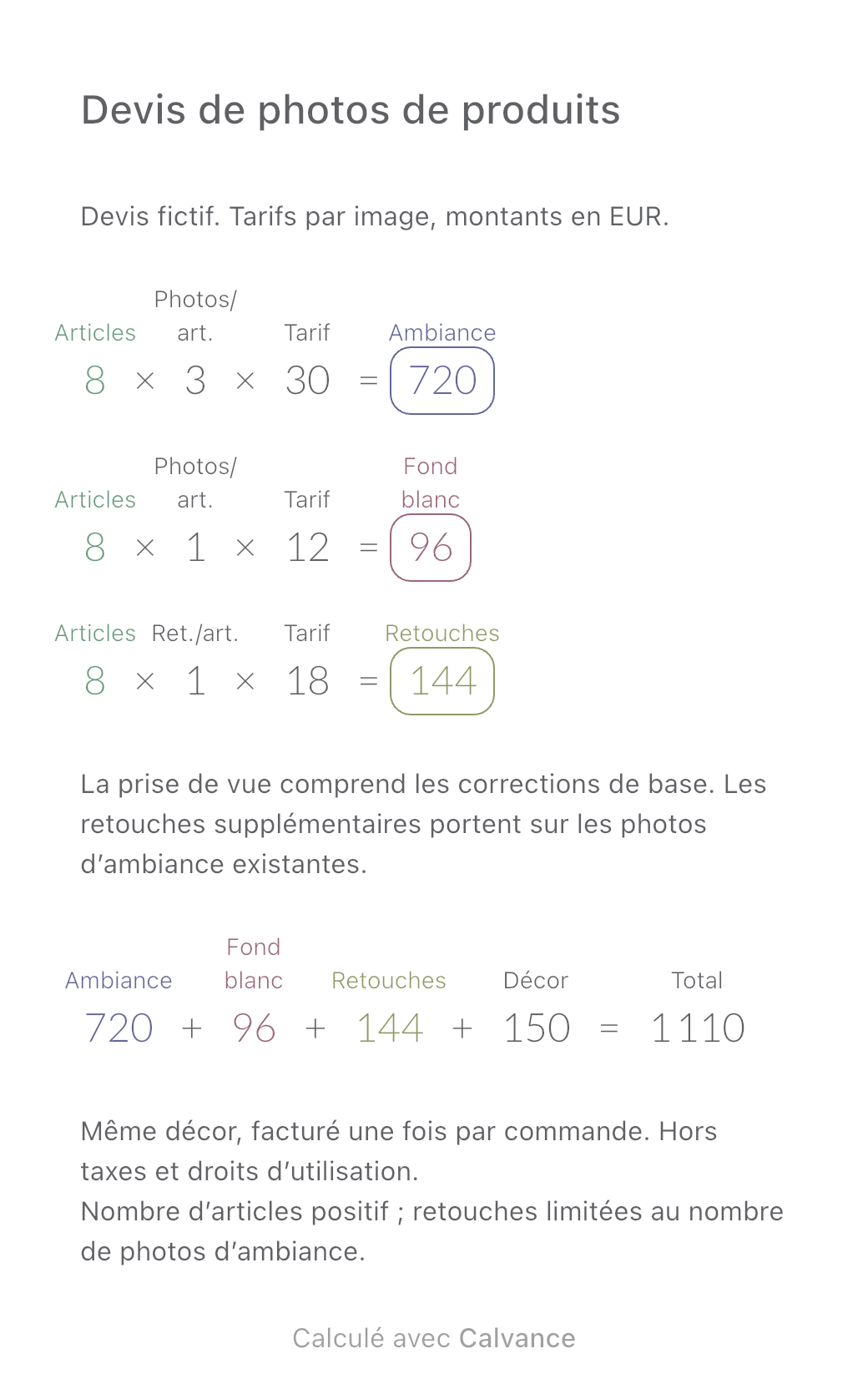 Modèle de devis de photographie de produits: 8 produits · Total 1 110 €. Exporté depuis Calvance avec les valeurs de l’exemple. Modifiez-les après l’importation.