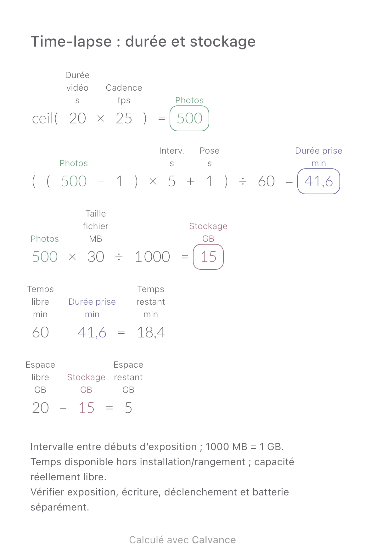 Time-lapse : durée et stockage · Espace restant: 5 GB
