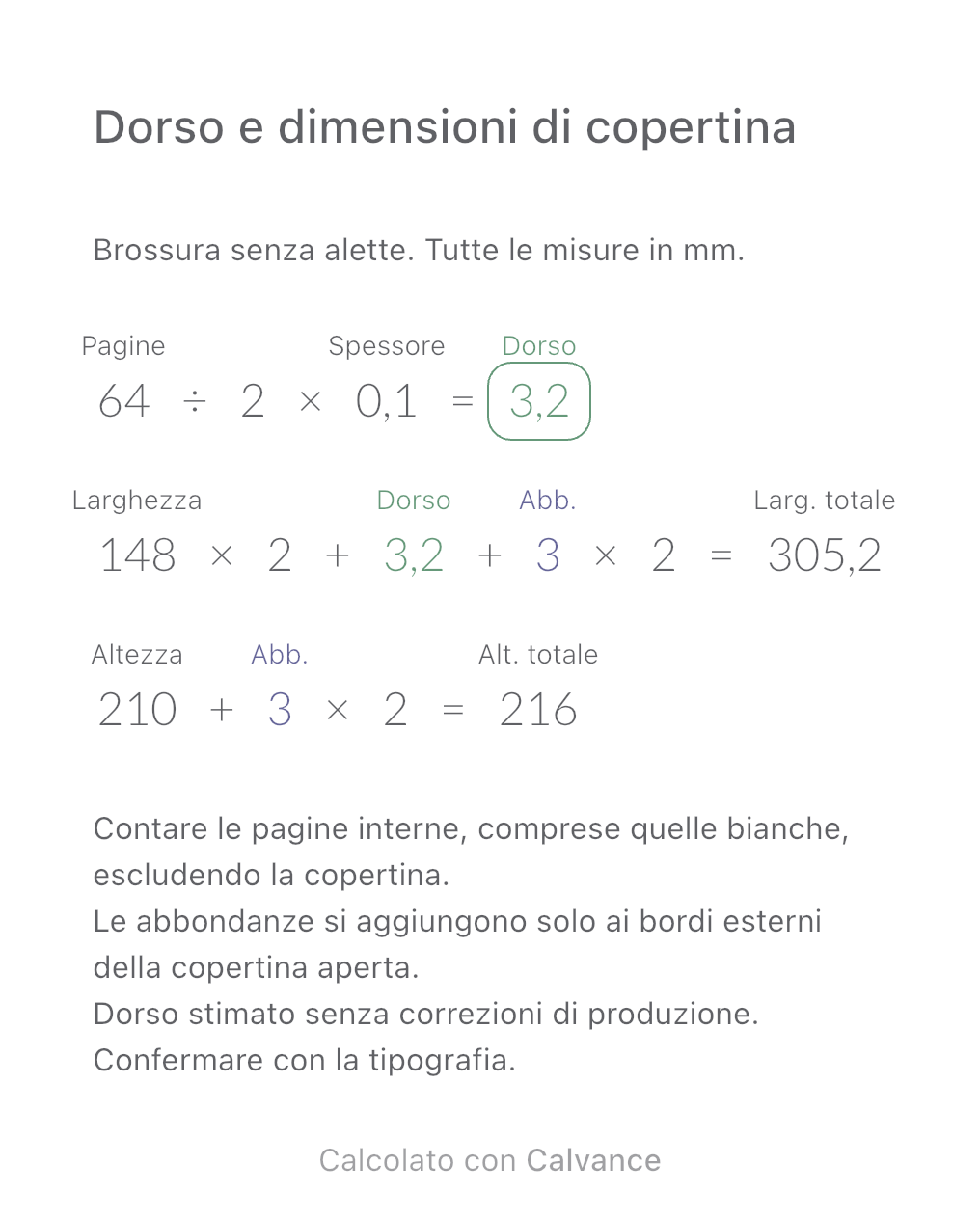 Modello per dorso e dimensioni della copertina: 64 pagine · dorso 3,2 mm · copertina 305,2 × 216 mm. Esportato da Calvance con i valori di esempio. Puoi modificarli dopo l’importazione.
