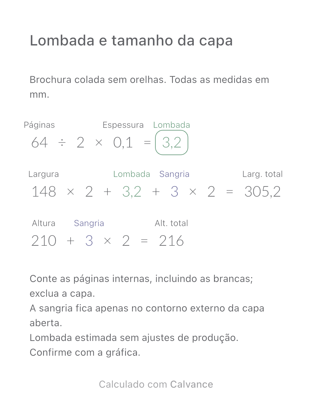Modelo de lombada e dimensões da capa: 64 páginas · lombada 3,2 mm · capa 305,2 × 216 mm. Exportado do Calvance com os valores do exemplo. Você pode alterá-los após importar.