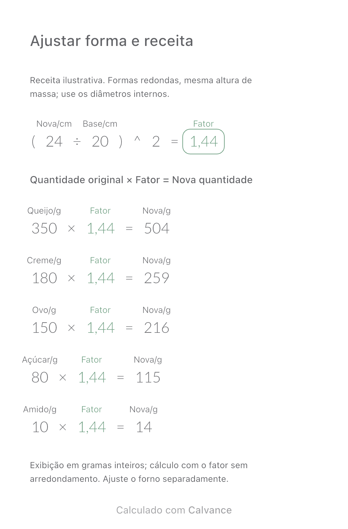 Modelo para ajustar formas e receitas: Receita de 20 cm → forma redonda de 24 cm. Exportado do Calvance com os valores do exemplo. Você pode alterá-los após importar.