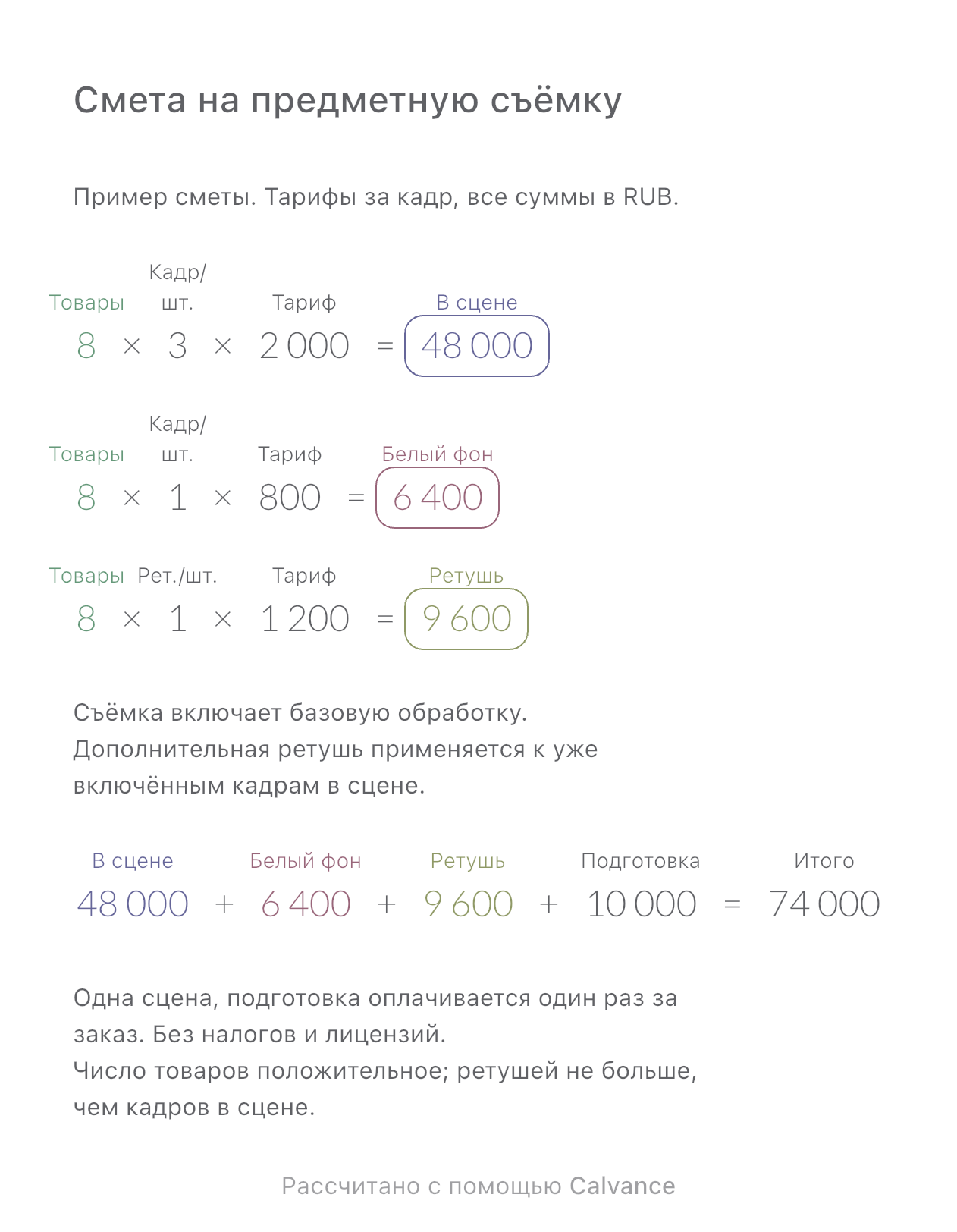 Шаблон сметы на предметную съёмку: 8 товаров · Итого 74 000 ₽. Экспорт из Calvance с исходными значениями примера. После импорта числа можно изменить.